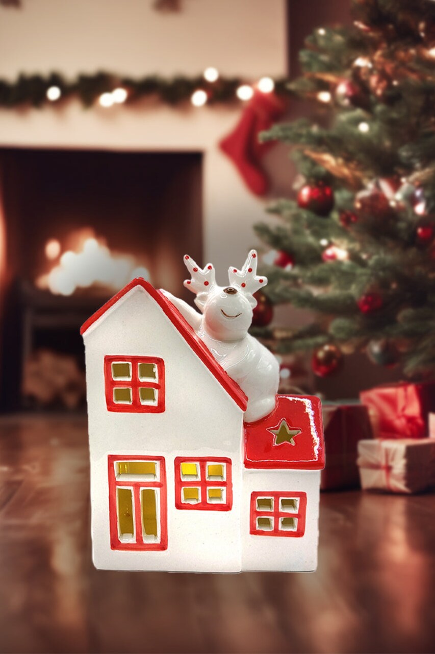 Christmas Ceramic Ornament - Christmas Cottage with Reindeer by Wizardi